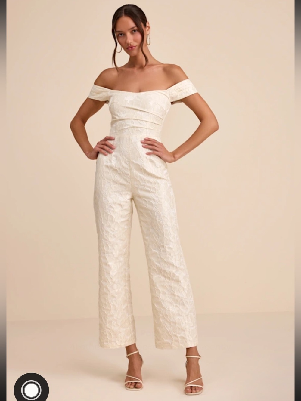 Lulus Jaz Ivory Floral Jacquard Off-the-shoulder Jumpsuit White - Size S